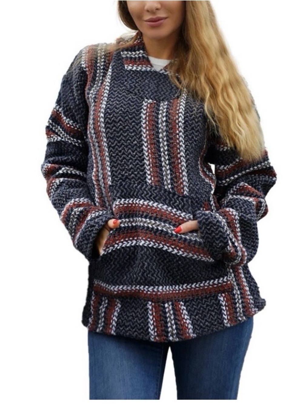Striped Knit Pullover Hoodie - Navy, Brown & White